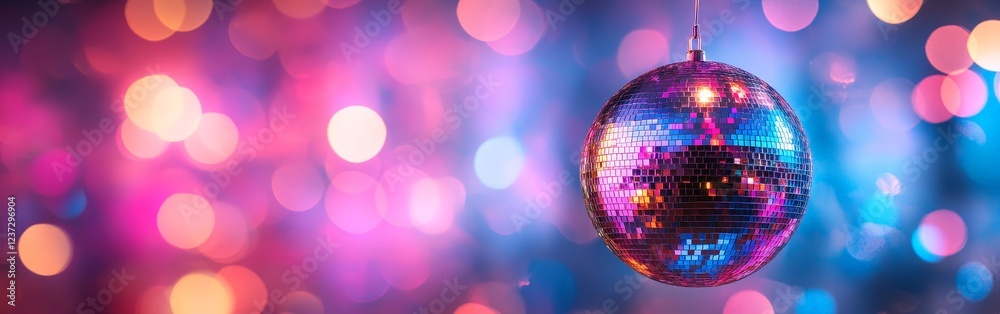 Fototapeta premium A vibrant disco ball reflecting colorful lights against a dreamy pink and purple background. Perfect for party invitations, club promotions, nightlife, and retro-themed visuals