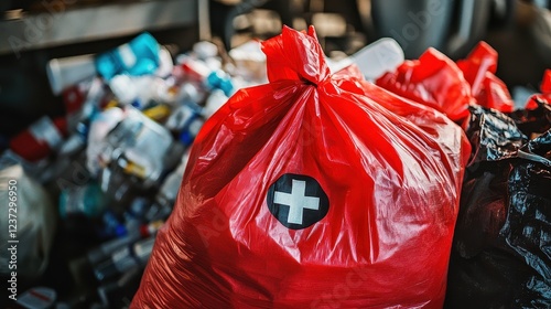 Nfectious waste must be disposed of in the trash bag and red, waste infections in hospitals, shows a lot of medical waste.infectious wastes in red bag. - photo