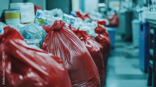 Nfectious waste must be disposed of in the trash bag and red, waste infections in hospitals, shows a lot of medical waste.infectious wastes in red bag. - photo