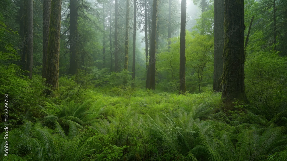 Fototapeta premium Magical Green Forest With Glowing Particles and Misty Atmosphere