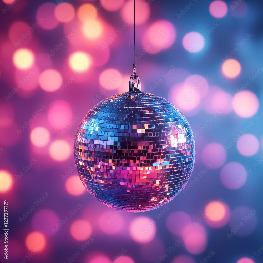 Obraz premium A vibrant disco ball reflecting colorful lights against a dreamy pink and purple background. Perfect for party invitations, club promotions, nightlife, and retro-themed visuals