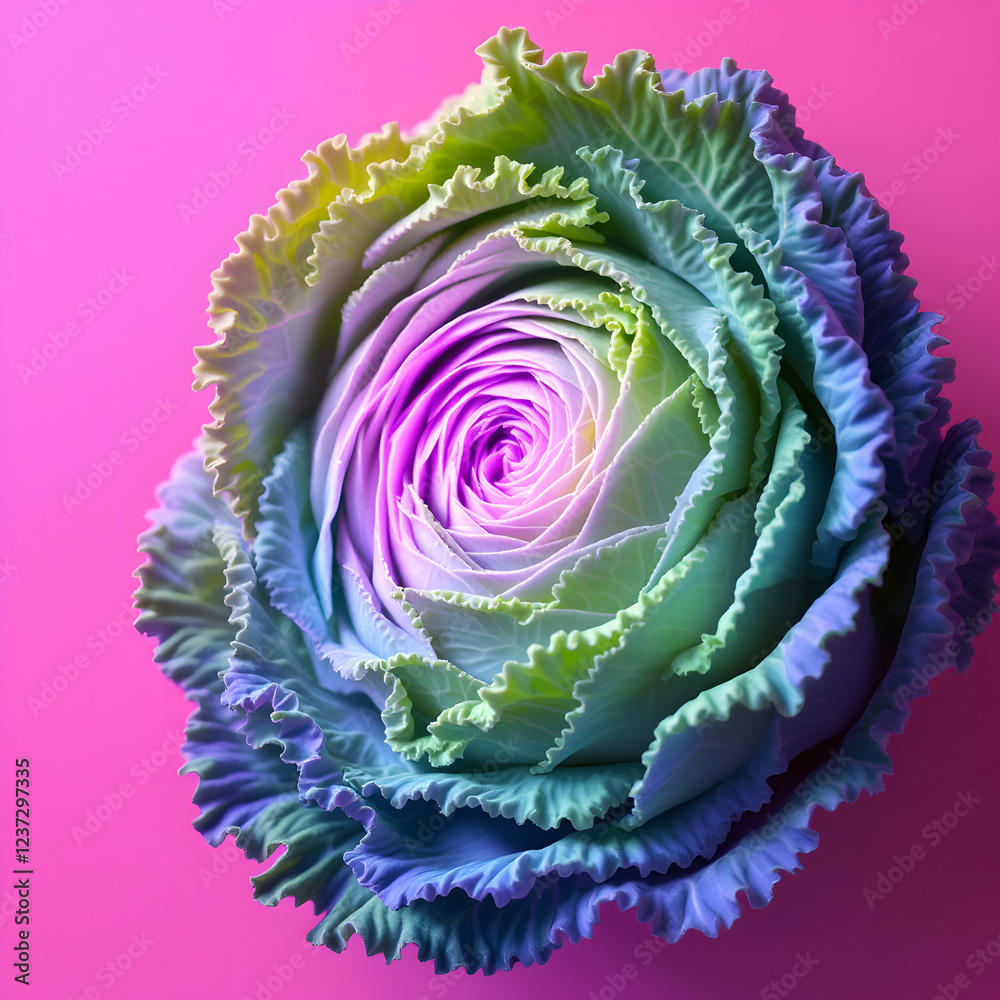 Fototapeta premium Colorful Fresh Cabbage Flower Displaying Gentle Curves and Vibrant Hues on Isolated Background