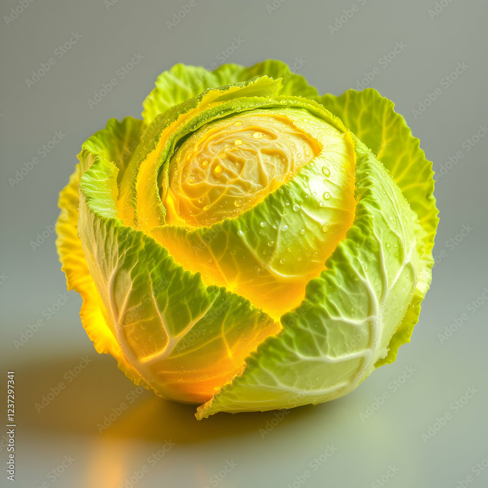 Fototapeta premium Fresh Green Cabbage With Vibrant Leaves Glowing Under Soft Light Against Isolated Background