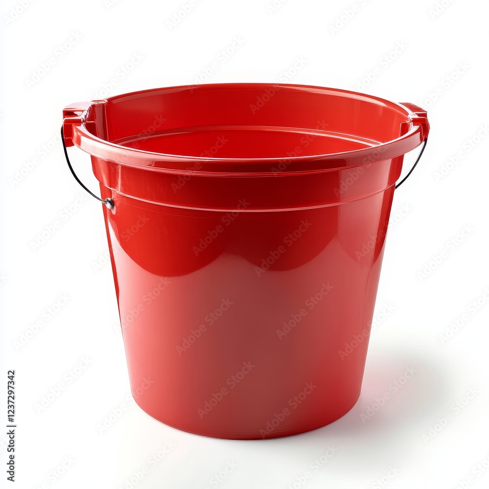 A clean, empty red plastic household bucket with a smooth finish, standing upright on a pristine white background, minimal shadow for depth A clean, empty red plastic household bucket with a smooth finish, standing upright on a pristine white background, minimal shadow for depth