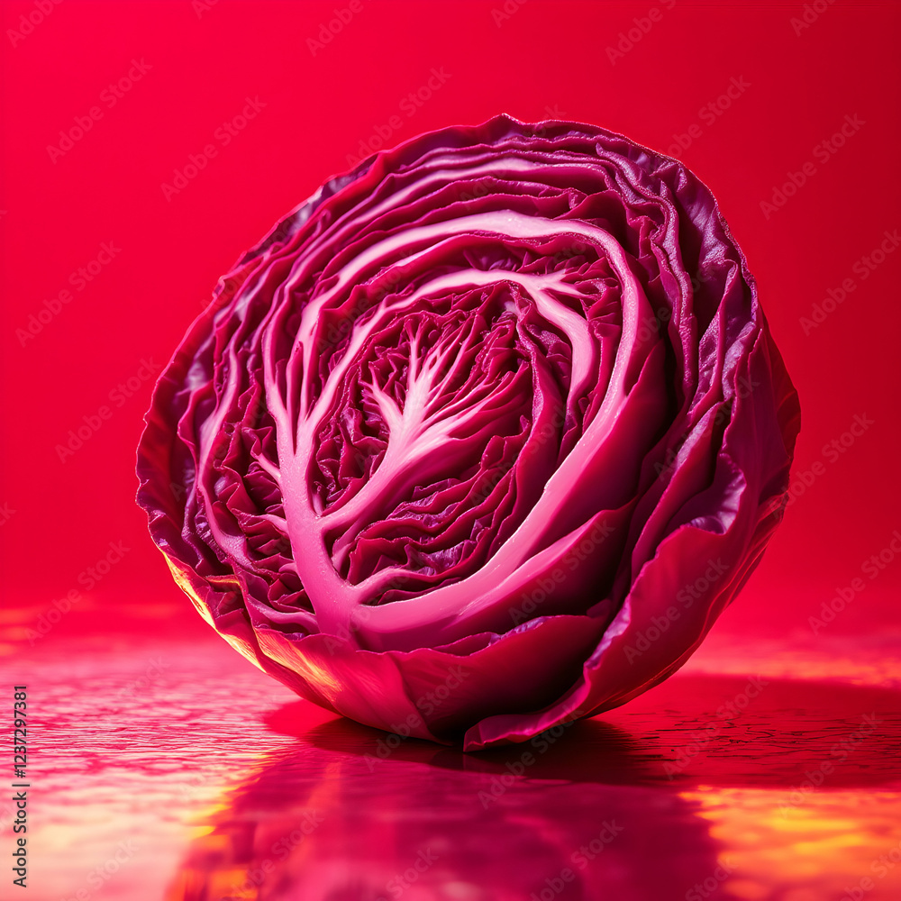 Obraz premium Beautifully Textured Red Cabbage with Intricate Layers and Vibrant Color on Reflective Surface Isolated Background