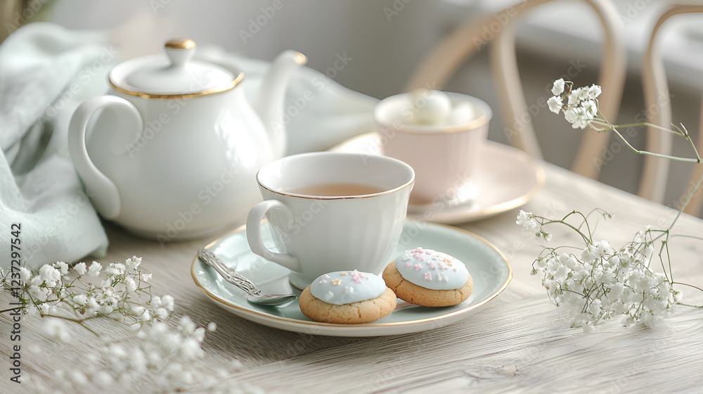 A serene tea setting with delicate pastel-colored cookies and blossoms. A serene tea setting with delicate pastel-colored cookies and blossoms.