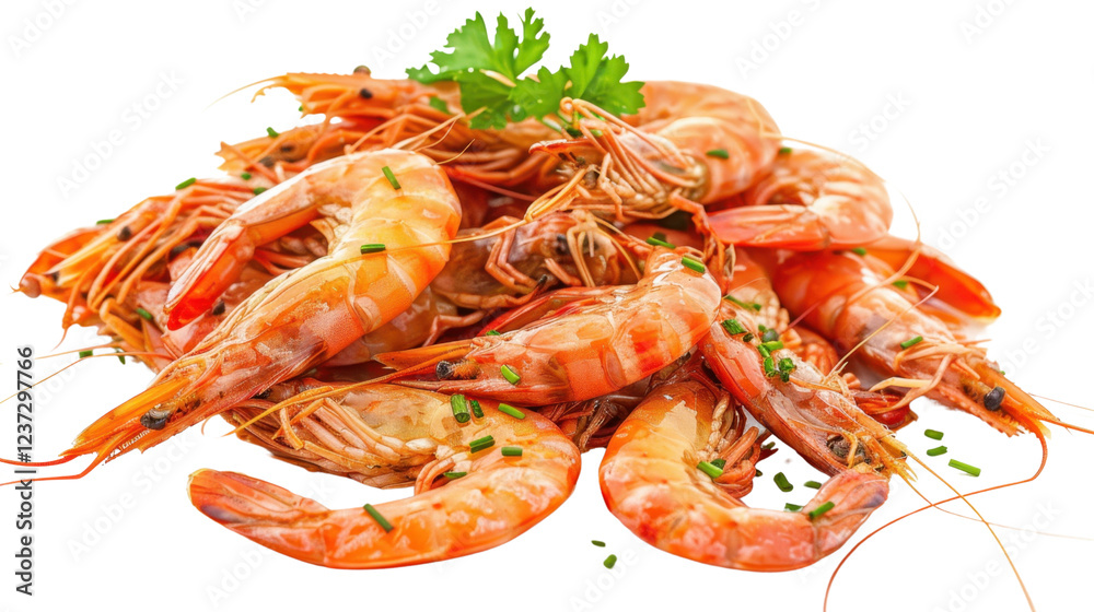 Cooked shrimps decorated with chives and parsley on transparent background Cooked shrimps decorated with chives and parsley on transparent background