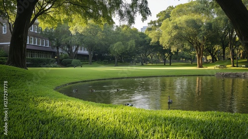 Sunny Day in Lush Green Park Peaceful Pond Scene