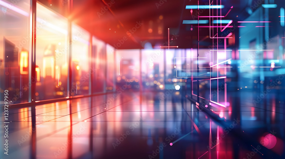 Fototapeta premium A futuristic interior with vibrant lighting and city views, suggesting innovation and modernity.