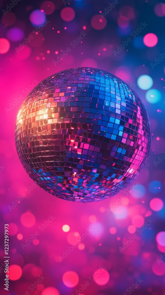Obraz premium A vibrant disco ball reflecting colorful lights against a dreamy pink and purple background. Perfect for party invitations, club promotions, nightlife, and retro-themed visuals