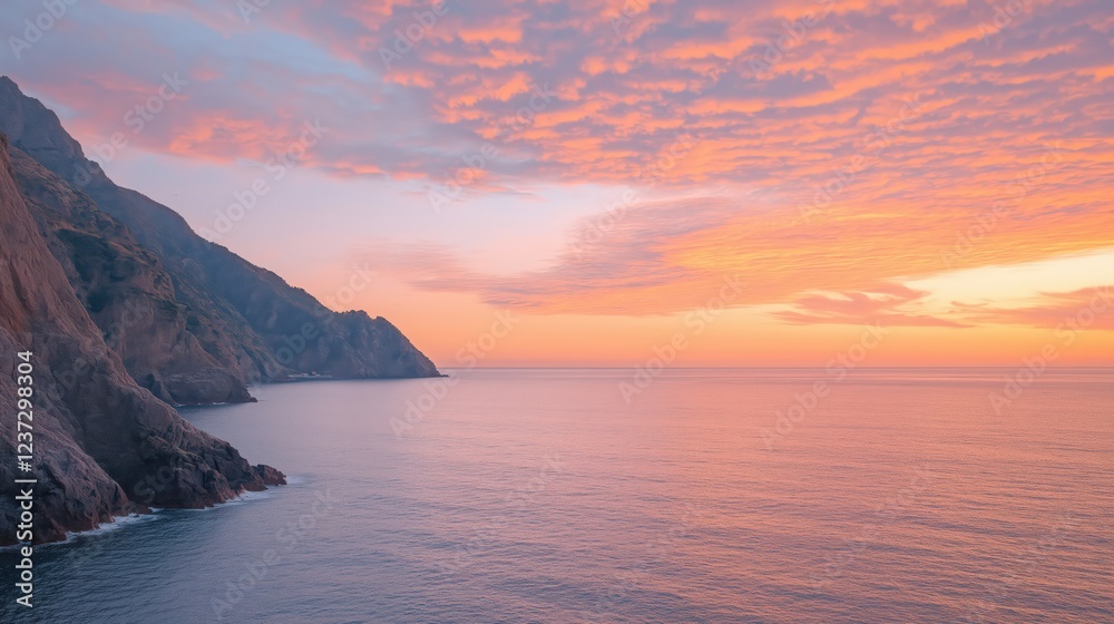 Serene Sunset Over Rocky Coastline and Calm Sea Serene Sunset Over Rocky Coastline and Calm Sea