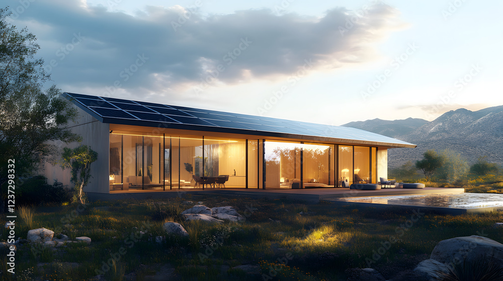 Energy-efficient smart home with advanced solar panel systems and battery storage that optimize power consumption and reduce reliance on non-renewable energy sources. Energy-efficient smart home with advanced solar panel systems and battery storage that optimize power consumption and reduce reliance on non-renewable energy sources.