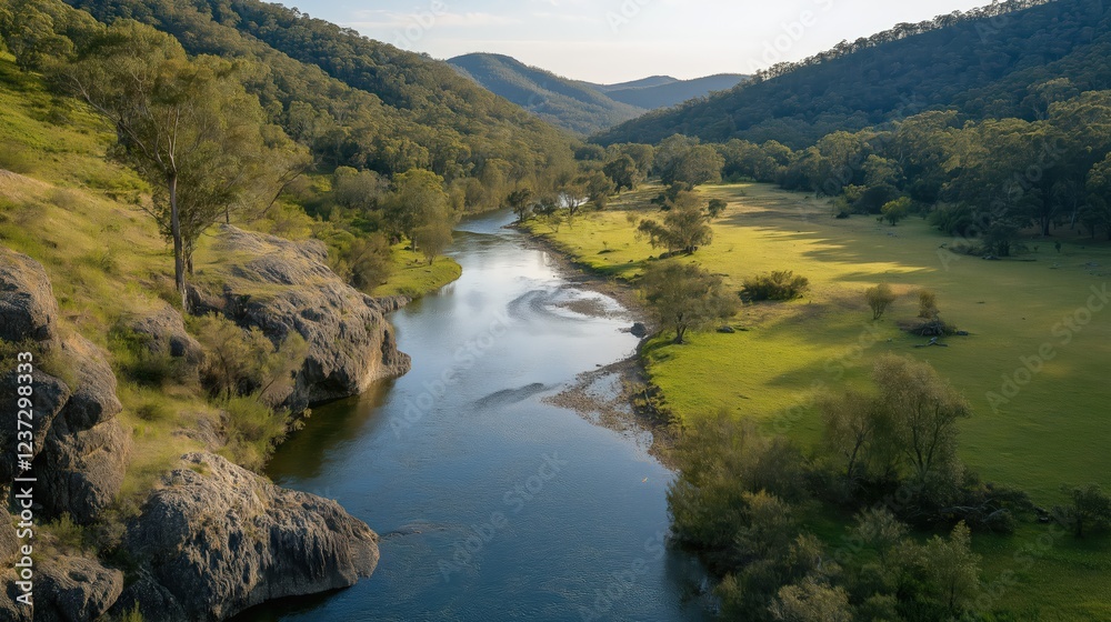 Serene River Valley Aerial View Lush Green Landscape Serene River Valley Aerial View Lush Green Landscape
