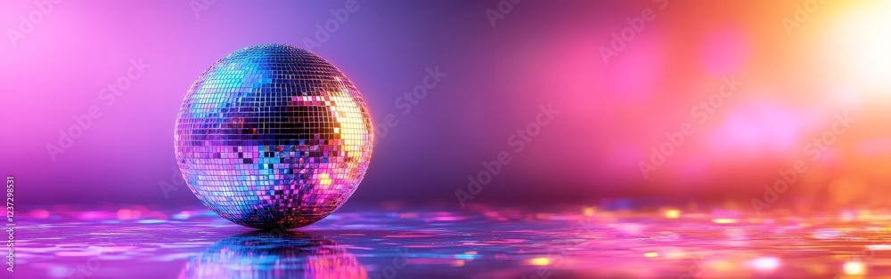 Obraz premium A vibrant disco ball reflecting colorful lights against a dreamy pink and purple background. Perfect for party invitations, club promotions, nightlife, and retro-themed visuals