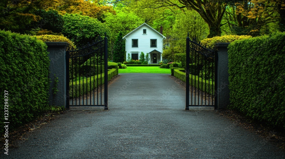 An inviting path leading to a charming white house surrounded by lush greenery and ornate gates, creating a serene atmosphere An inviting path leading to a charming white house surrounded by lush greenery and ornate gates, creating a serene atmosphere