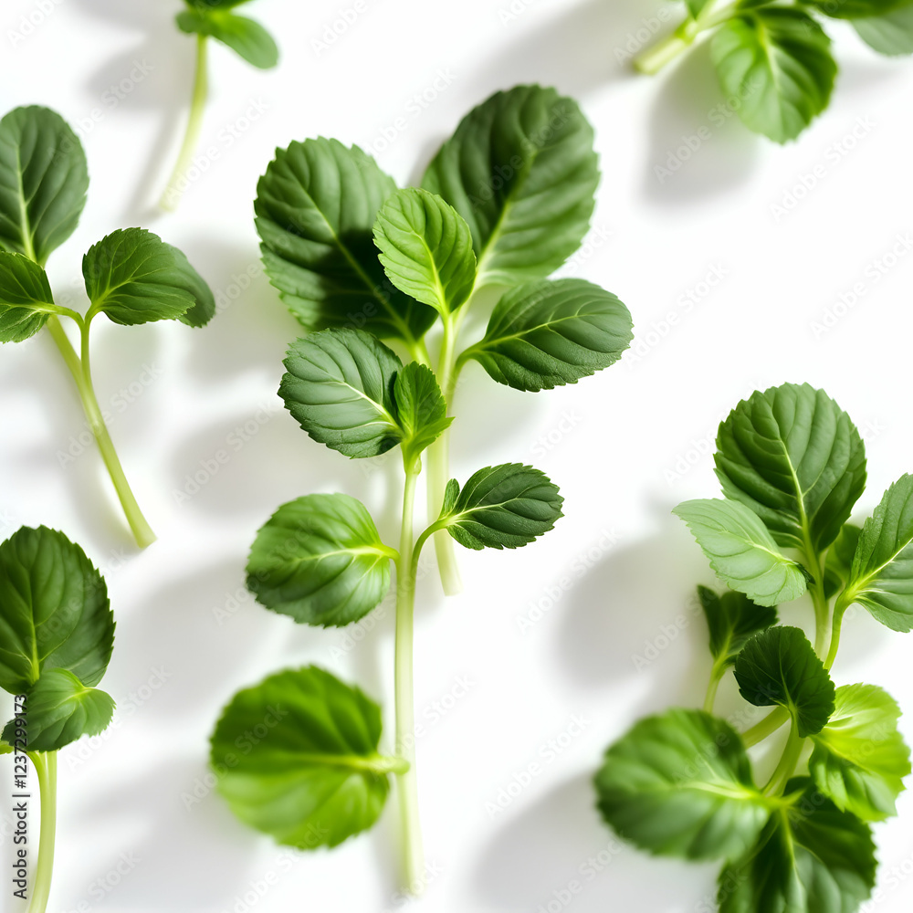Fresh Green Mint Leaves Arranged Artfully On A White Isolated Background Fresh Green Mint Leaves Arranged Artfully On A White Isolated Background
