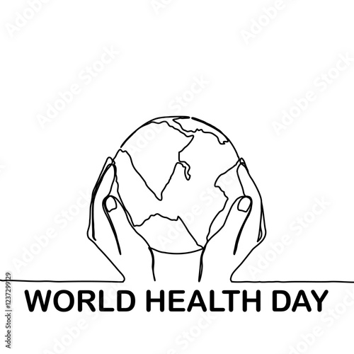 World Health Day. Continuous one line art drawing hands hold Earth globe. Save and protect earth planet linear concept. Vector illustration isolated on white background.