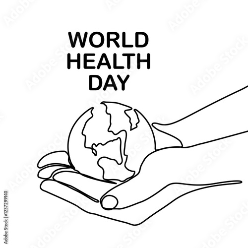 World Health Day. Continuous one line art drawing hands hold Earth globe. Save and protect earth planet linear concept. Vector illustration isolated on white background.