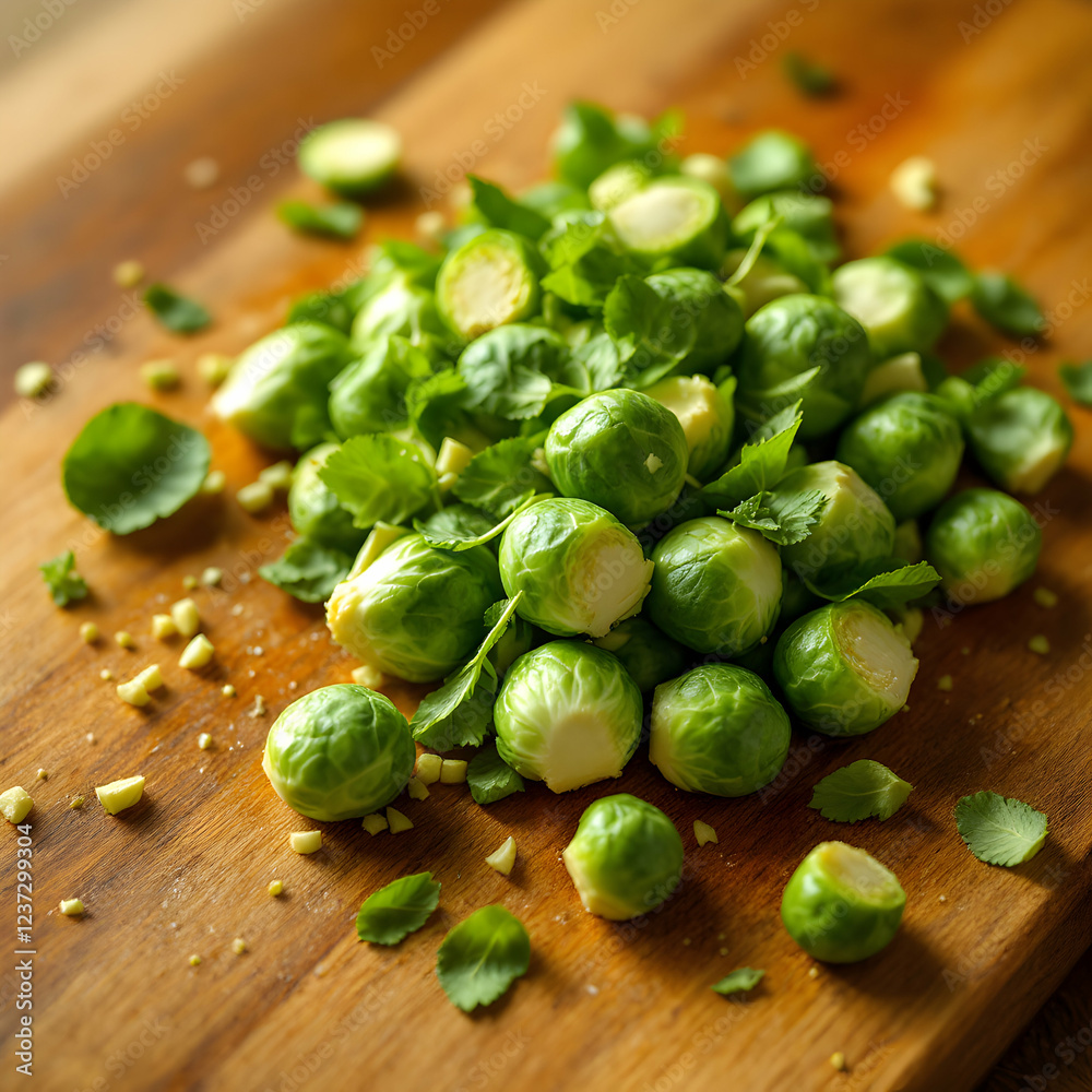 Freshly Chopped Brussels Sprouts with Herbs on Wooden Cutting Board Ready for Cooking Isolated Background Freshly Chopped Brussels Sprouts with Herbs on Wooden Cutting Board Ready for Cooking Isolated Background