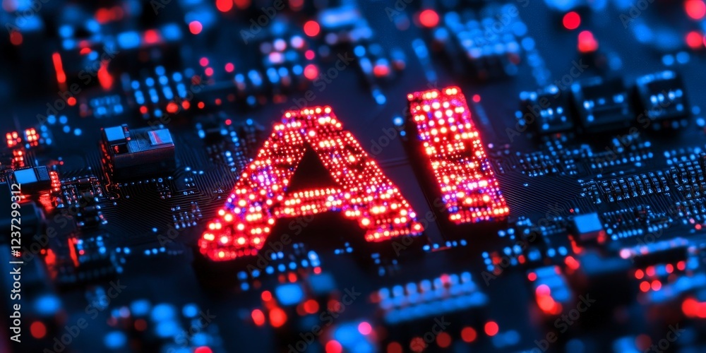 A neon-lit AI circuit board concept with glowing digital elements, representing artificial intelligence, machine learning, and futuristic computing. Ideal for tech and innovation-themed projects.