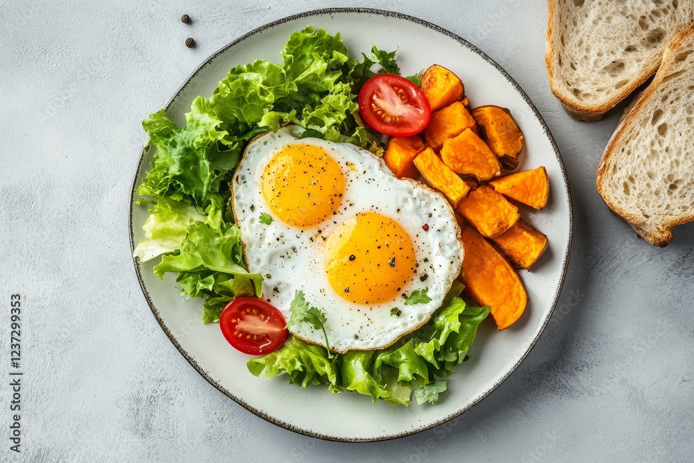 Healthy breakfast plate with fried eggs, sweet potato, lettuce, and cherry tomatoes. Healthy breakfast plate with fried eggs, sweet potato, lettuce, and cherry tomatoes.
