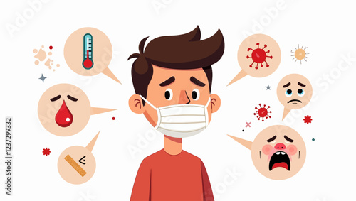 Flu set, flu symptoms fever, headache, rhinitis, cough, sore throat, fatigue, wearing mask, cartoon vector illustration isolated on white background. Flu symptoms and prevention set