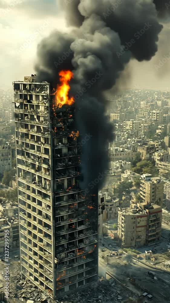 Fire engulfs high-rise building in urban area during daytime, smoke billowing in the sky