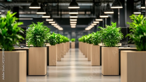 Employees working at desks made of recycled materials, surrounded by indoor plants and energy-efficient lighting, environmental wellness design photo