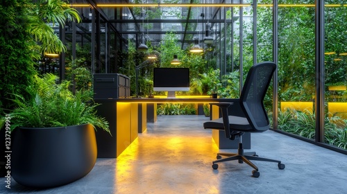 Employees working at desks made of recycled materials, surrounded by indoor plants and energy-efficient lighting, environmental wellness design photo