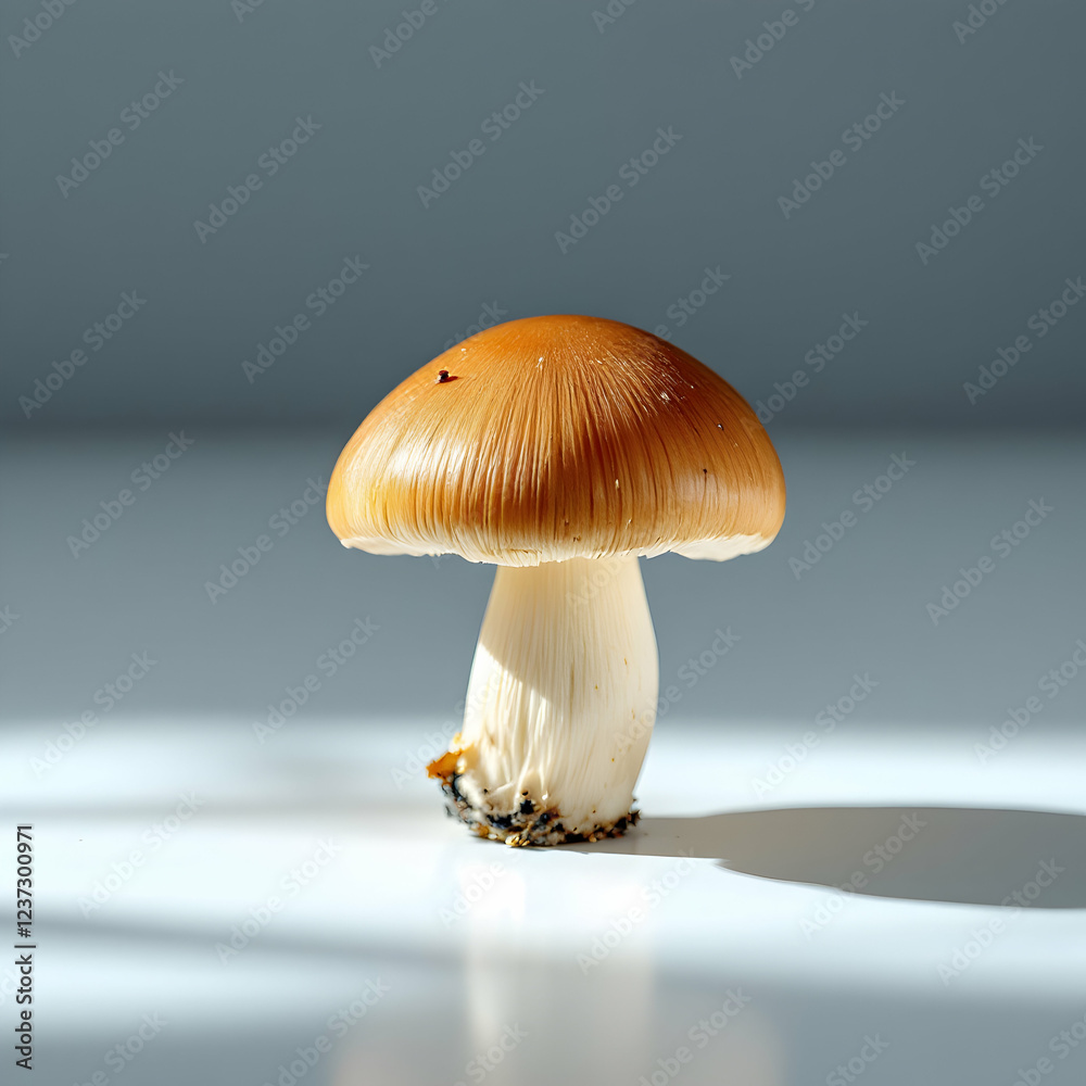 Single Fresh Edible Brown Mushroom Displayed Against A Soft White Background With Gentle Shadows And Natural Light Isolated Background Single Fresh Edible Brown Mushroom Displayed Against A Soft White Background With Gentle Shadows And Natural Light Isolated Background