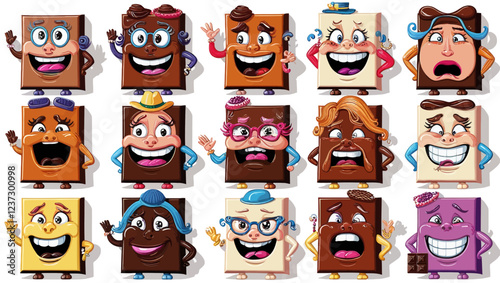 Set of cute and funny chocolate bar characters showing various emotions, cartoon vector illustration isolated on white background. Set of funny chocolate characters, mascots, emoticons