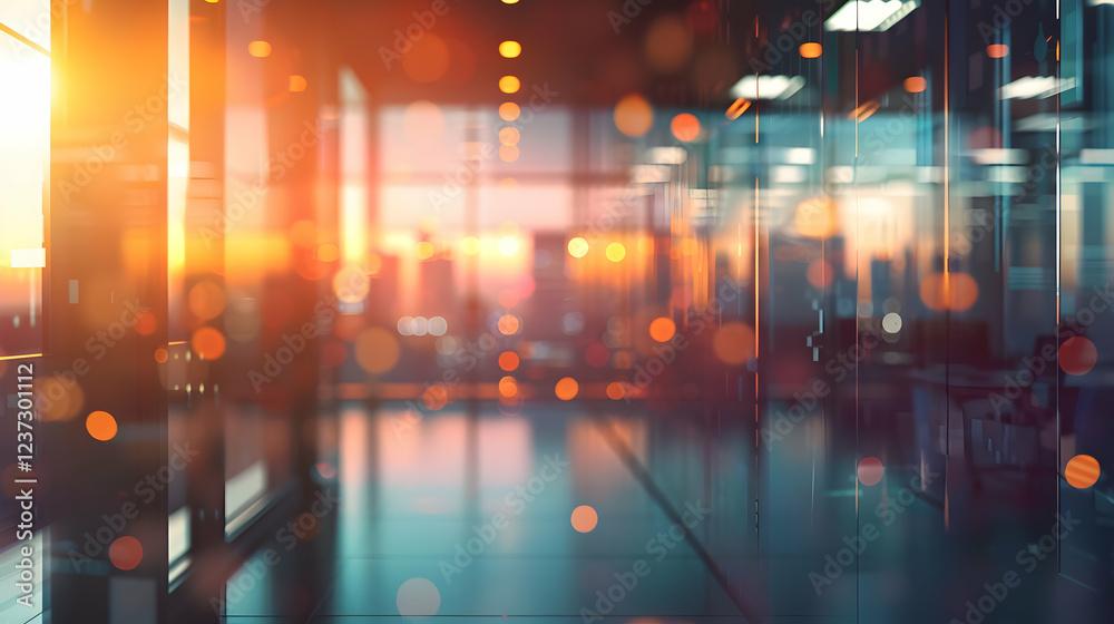 A blurred office space with sunset reflections and bokeh lights creating a warm atmosphere. A blurred office space with sunset reflections and bokeh lights creating a warm atmosphere.