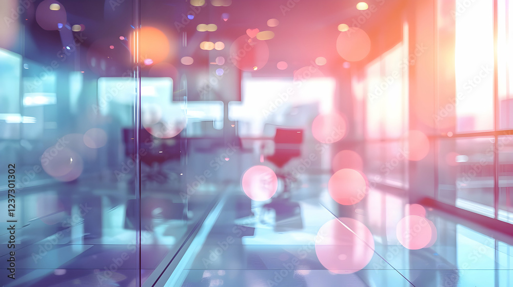 Fototapeta premium A modern office space with a blurred background and colorful bokeh effects.