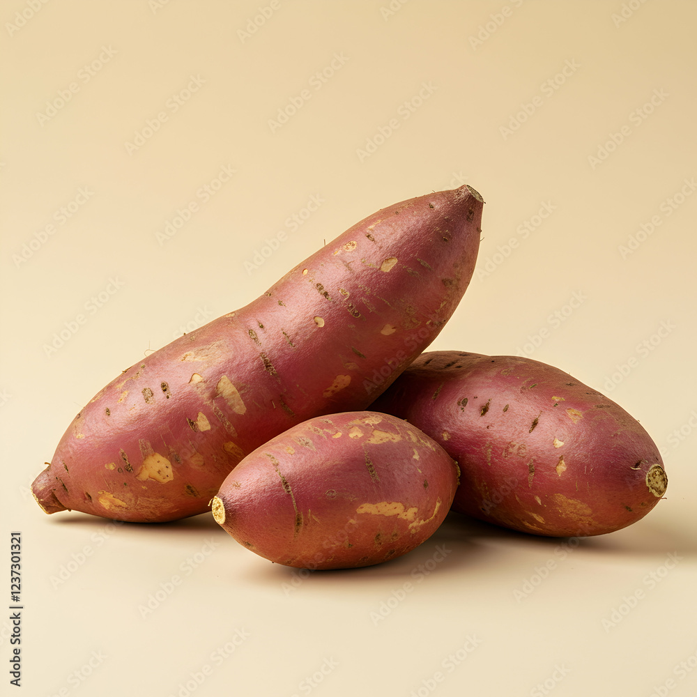Three Whole Sweet Potatoes with Rich Skin Color and Texture on Isolated Background Three Whole Sweet Potatoes with Rich Skin Color and Texture on Isolated Background