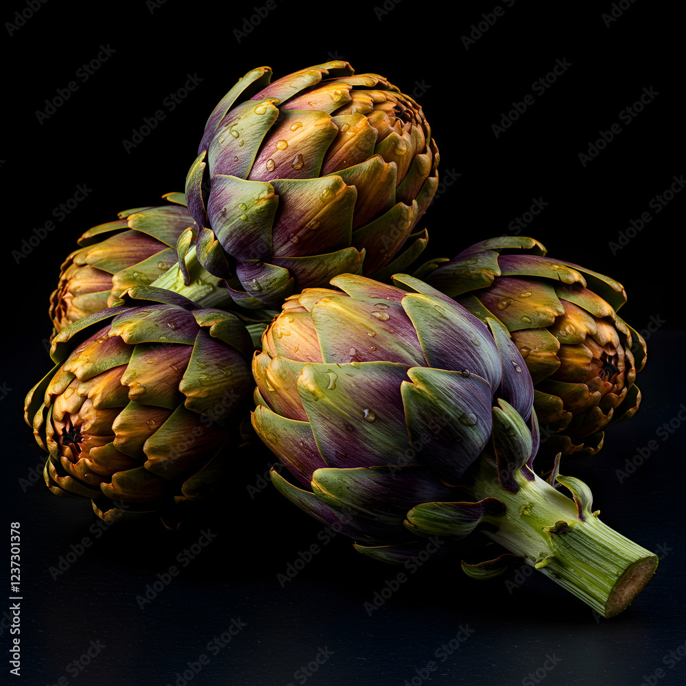 Obraz premium Fresh Organic Artichokes Grouping Arranged Beautifully Against A Dramatic Isolated Background