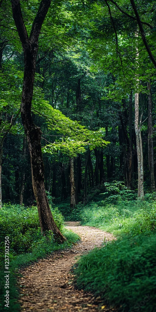 Fototapeta premium Lush Forest Trail, Sun-Dappled, Verdant Green, Tranquil Scene, Natural Beauty, Pathway, Hiking, Vertical Composition