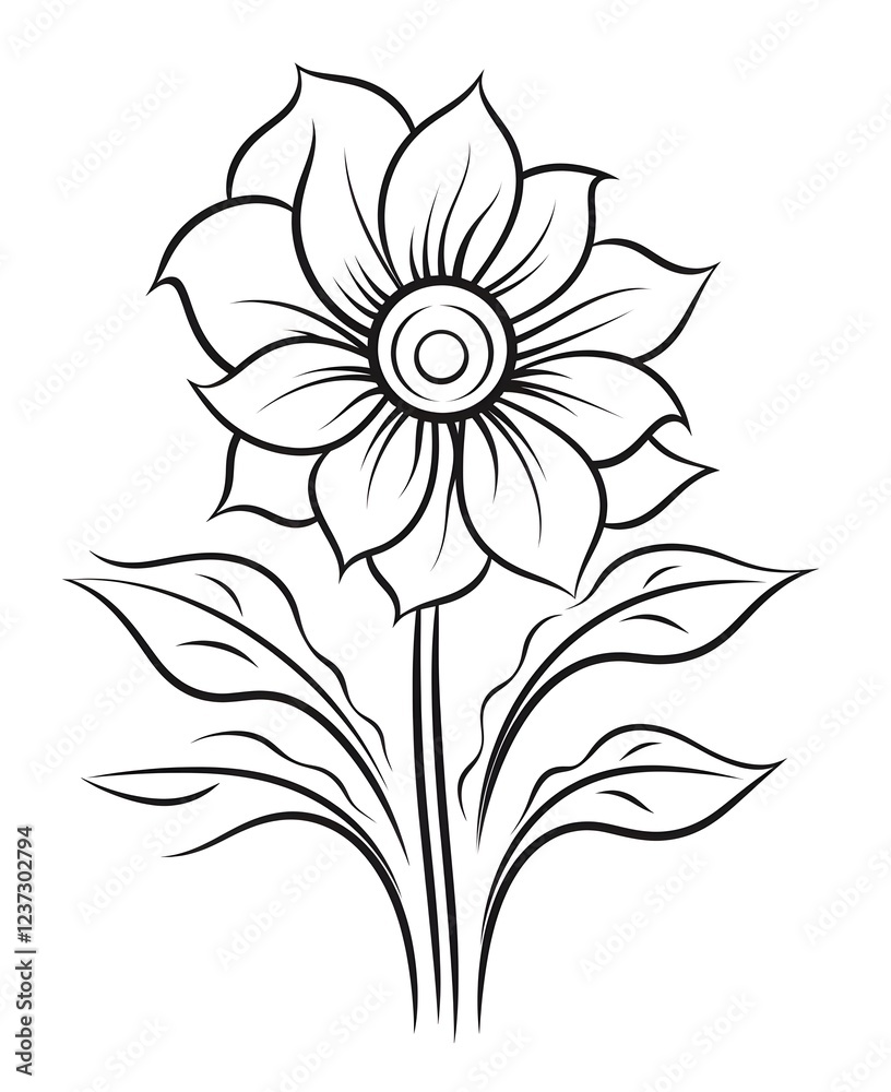 Obraz premium Line Art Drawing of a Flower with Leaves