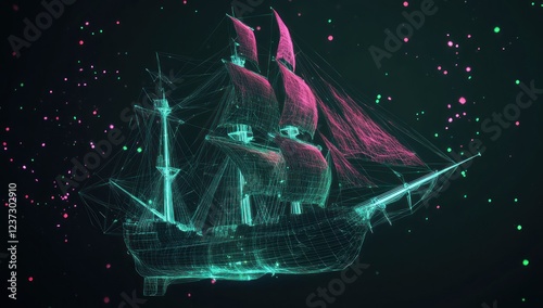 Digital galleon sails through a field of shimmering particles