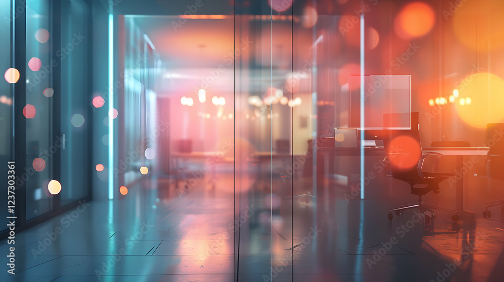 Naklejka premium A modern office space with ambient lighting and reflections creating a vibrant atmosphere.