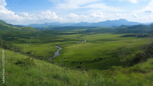 Lush Green Valley Panoramic View With Meandering River And Distant Mountains