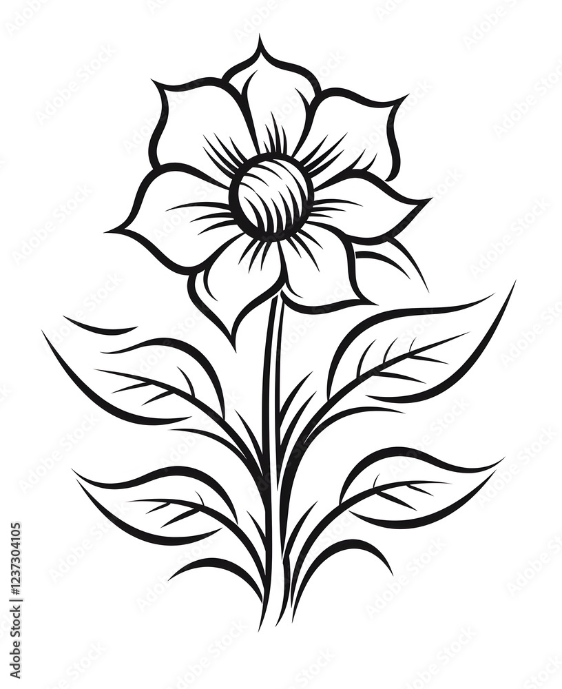 Obraz premium Line Drawing of Stylized Flower with Leaves