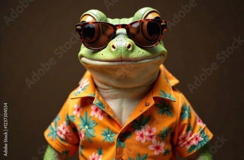 Stylish frog wearing a Hawaiian shirt and sunglasses, commercial photography