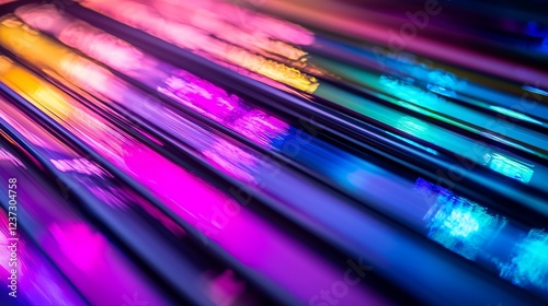 Close-up view of vibrant color guide book cards, featuring a collection of color palettes with holographic highlights, futuristic design, neon lighting photo