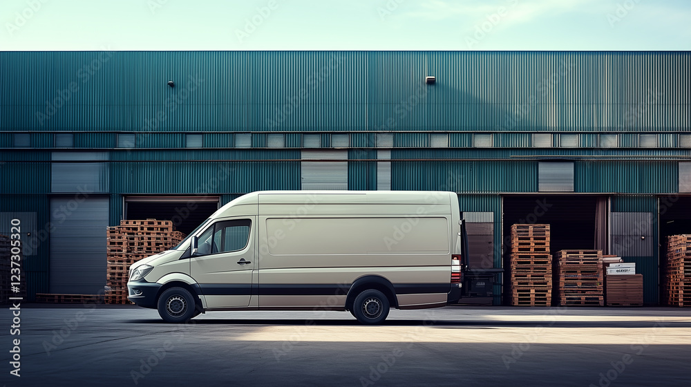 Fototapeta premium White delivery van beside a warehouse with stacked pallets