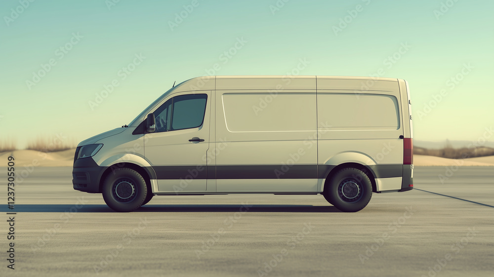 Obraz premium White Cargo Van Parked in Open Desert Landscape
