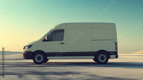 White Cargo Van Parked in Open Landscape at Sunset