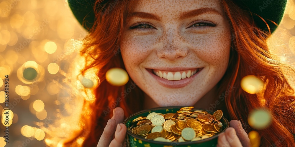 Naklejka premium A joyful woman in a green hat celebrating St. Patrick's Day, surrounded by gold coins and glowing light. Perfect for holiday promotions and festive content.