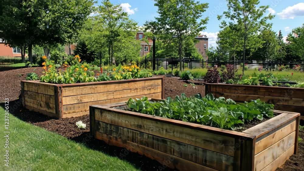 Vegetable and flower garden beds in a public park on a sunny day Vegetable and flower garden beds in a public park on a sunny day