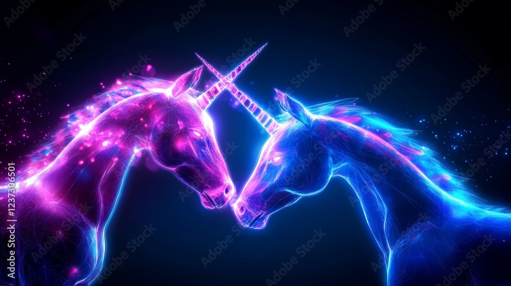 Close-up of two unicorns, their horns touching, a holographic aura encircling them, futuristic style, neon glow, ultra-detailed
