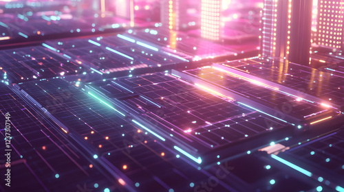 Futuristic abstract illustration of solar energy transforming into usable power for society.